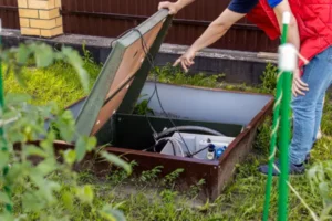 septic technician inspects commercial sewage lift station outside vancouver wa business